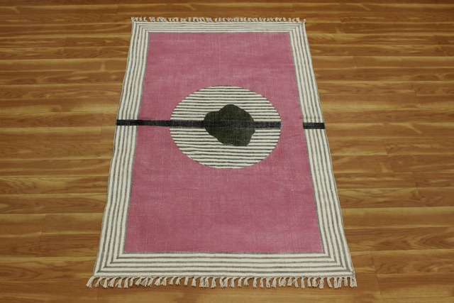 Hand Woven Block Print Cotton Rug, Pink Olive Green Geometric - image 1