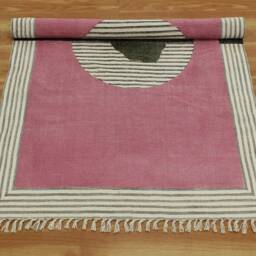 Hand Woven Block Print Cotton Rug, Pink Olive Green Geometric - thumbnail 3