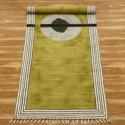 Hand Woven Block Print Cotton Rug, Pink Olive Green Geometric - thumbnail 4