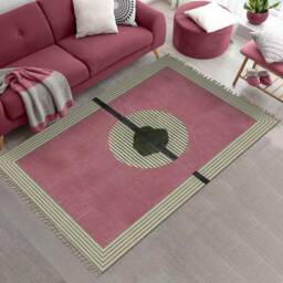 Hand Woven Block Print Cotton Rug, Pink Olive Green Geometric - thumbnail 2