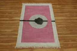 Hand Woven Block Print Cotton Rug, Pink Olive Green Geometric - thumbnail 1
