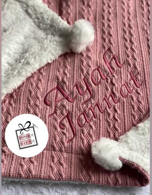 Personalised Baby Newborn Nursery Cable Knitted Child's Blanket Hospital Wrap-Name Embroidered Pom Italic Name Date Shower Gift - image 1