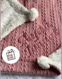 Personalised Baby Newborn Nursery Cable Knitted Child's Blanket Hospital Wrap-Name Embroidered Pom Italic Name Date Shower Gift - thumbnail 1