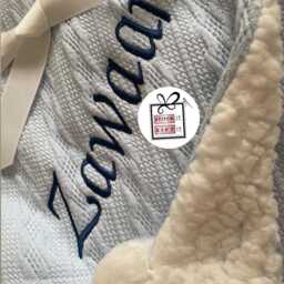 Personalised Baby Newborn Nursery Cable Knitted Child's Blanket Hospital Wrap-Name Embroidered Pom Italic Name Date Shower Gift - thumbnail 3