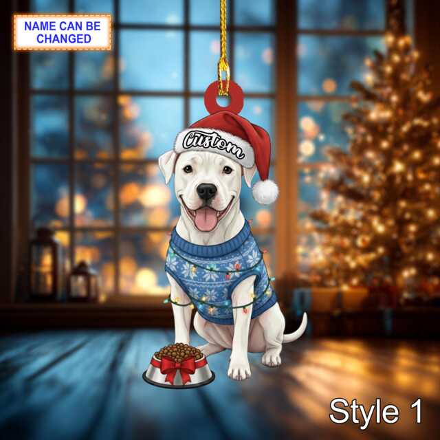 Custom Name Sitting Dogo Argentino Dog With Santa Hat Christmas Lights Ornament, Tree Hanging Decor, Flat 2D Ornament - image 1