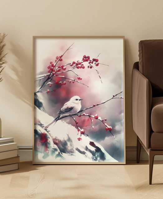 Japanese Ink Bird Shima-Enaga Art Print Soft Winter Calm Plum Branch - image 1