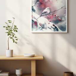Japanese Ink Bird Shima-Enaga Art Print Soft Winter Calm Plum Branch - thumbnail 3
