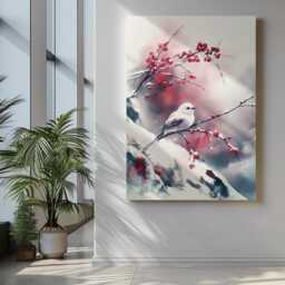 Japanese Ink Bird Shima-Enaga Art Print Soft Winter Calm Plum Branch - thumbnail 2