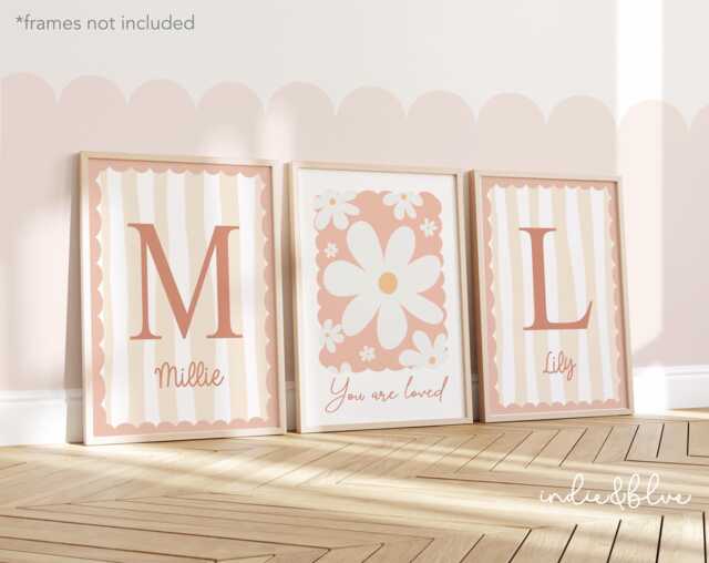 Set Of 3 Flower Prints in Pink, Personalised Sister Prints, Floral Wall Art, Wildflower Girl Bedroom, Teen Bedroom Decor - image 1