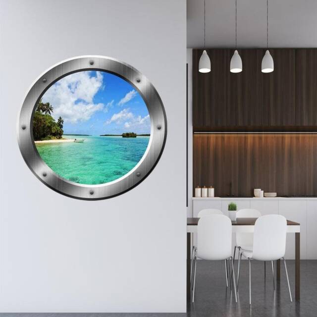 Ocean View Beach Side 3D Porthole Vinyl Decal Family Wall Art Window Silver Portal Home Decor - Vwaq Sp22 - image 1