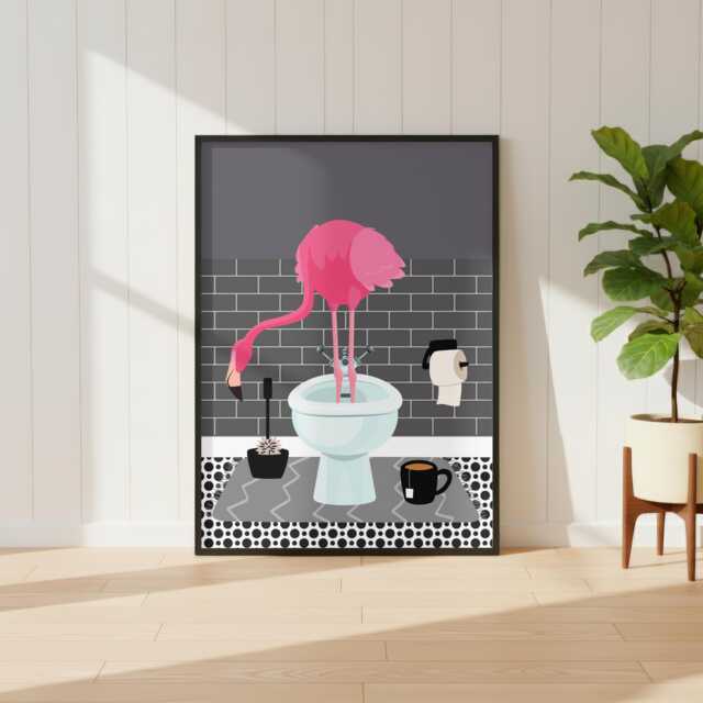 Flamingo On The Toilet in A Grey Bathroom Print. Funny Animal Bathroom Prints - image 1