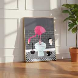 Flamingo On The Toilet in A Grey Bathroom Print. Funny Animal Bathroom Prints - thumbnail 3