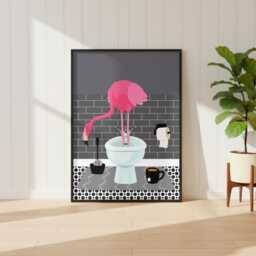 Flamingo On The Toilet in A Grey Bathroom Print. Funny Animal Bathroom Prints - thumbnail 1