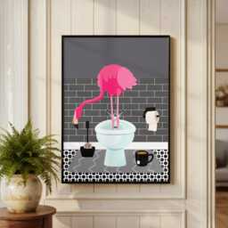 Flamingo On The Toilet in A Grey Bathroom Print. Funny Animal Bathroom Prints - thumbnail 2