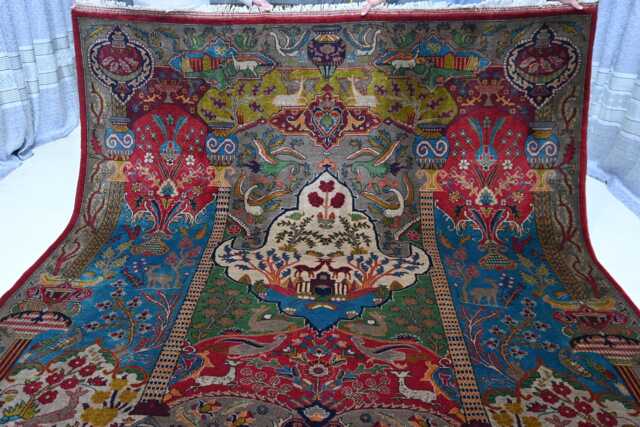 8x10 Ft Large Pictorial Rug - Afghan Handmade Wool Turkmen Home Deco Gray Multicolor Rug- Authentic Birds Animal Art For Kids Room - image 1