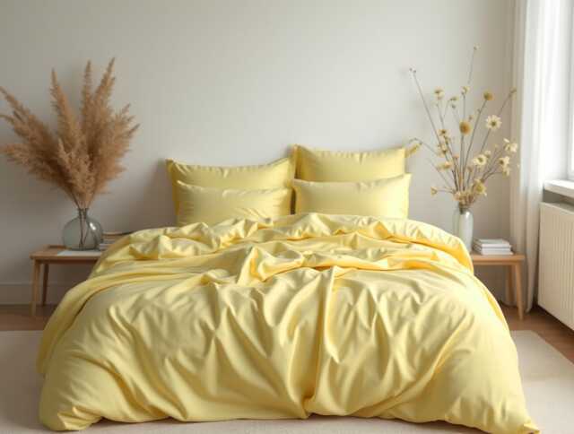 Pastel Yellow Sateen Bedding Set 1 Duvet Cover & 2 Pillowcases Cotton Satin Comforter Setpaste - image 1