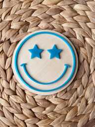 Smiley Face Wall Decor. Happy Emoji Sign. Wooden Acrylic Childrens Bedroom Star, Hearts, Lightning, Lashes - thumbnail 1