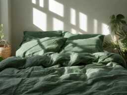 Fern Linen Bedding Set Rustic Duvet Cover & 2 Pillowcases Soft Medium Weight Bedding, Stonewashed Comfort