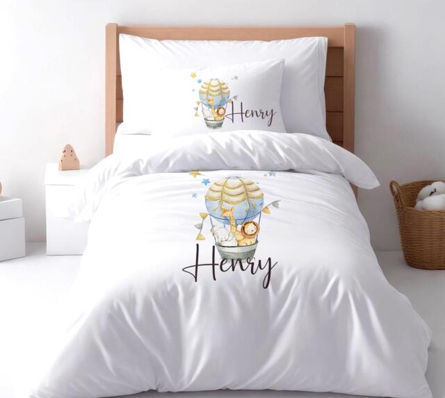 Personalised Safari Balloon Kids Duvet Cover Set With Toy Basket Jungle Bedroom Pillow Case - image 1