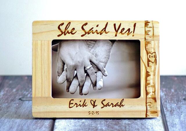 "Personalized Engagement Picture Frame Engraved Pine Wood, ""She Said Yes" - image 1