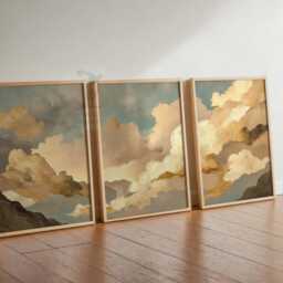 Japanese Clouds Bedroom Wall Art Set Of 3 Prints, White Beige Sky Posters, Vintage Home Decor, Large Poster Art - thumbnail 2