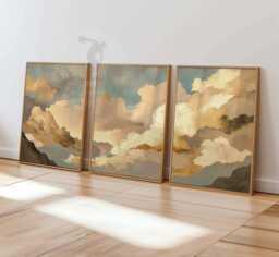 Japanese Clouds Bedroom Wall Art Set Of 3 Prints, White Beige Sky Posters, Vintage Home Decor, Large Poster Art - thumbnail 1