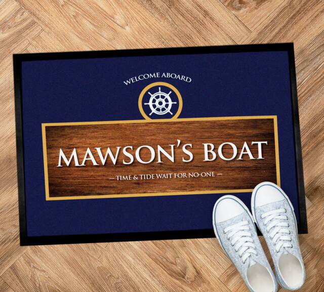 Personalised Boat Mat - Blue & Wood Colour Nautical Narrowboat/Sailing Boat Rubber Based Floor Mat - image 1