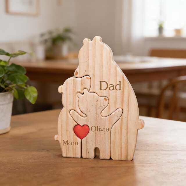 Personalized Wooden Bear Family Puzzle, Mother's Day Keepsake, Engraved Name Nursery Decor - image 1