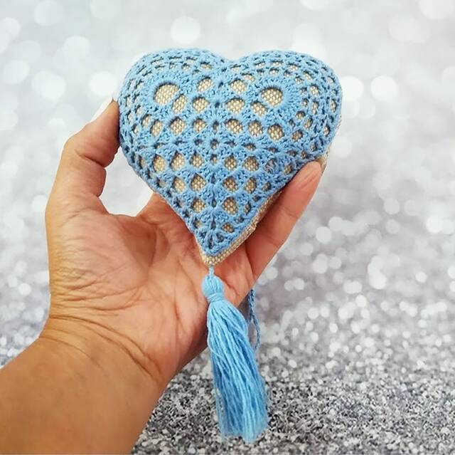 Burlap Heart Pillow Blue Crochet, Tassel Fringe - Rustic Decor - image 1