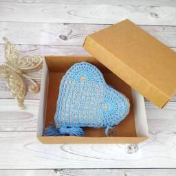 Burlap Heart Pillow Blue Crochet, Tassel Fringe - Rustic Decor - thumbnail 4