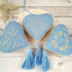 Burlap Heart Pillow Blue Crochet, Tassel Fringe - Rustic Decor - thumbnail 2