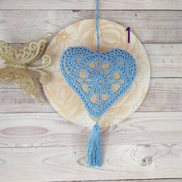 Burlap Heart Pillow Blue Crochet, Tassel Fringe - Rustic Decor - thumbnail 3