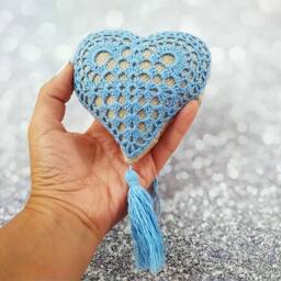 Burlap Heart Pillow Blue Crochet, Tassel Fringe - Rustic Decor - thumbnail 1