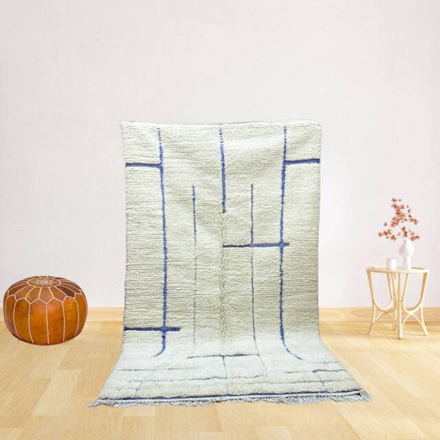 Blue Lines Beni Ouarain Rug Handwoven Moroccan Wool Carpet - image 1