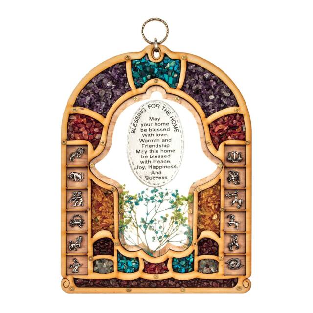 Matiel Wood Home Blessing Wall Hanging with Hamsa Hand Silhouette Decorated Dried Flowers Gemstones & Zodiac Signs On Both Sides - image 1