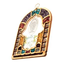 Matiel Wood Home Blessing Wall Hanging with Hamsa Hand Silhouette Decorated Dried Flowers Gemstones & Zodiac Signs On Both Sides - thumbnail 3