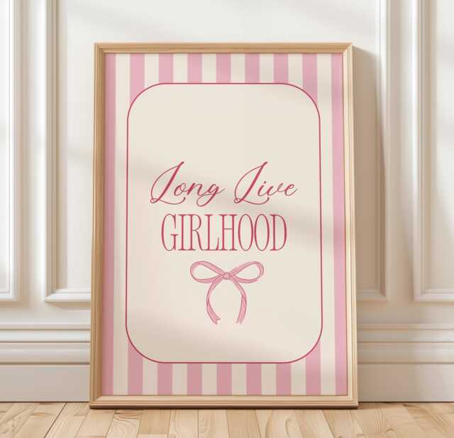 Long Live Girlhood Wall Print, Coquette Girly Art, Pink Stripes Decor, Aesthetic Bows, Trendy Bedroom Poster - image 1