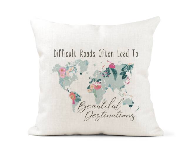 Inspirational Quote Cream Canvas Cushion, Scatter Home Decor, Inspirational, Difficult Roads Often Lead To Beautiful Destinations - image 1