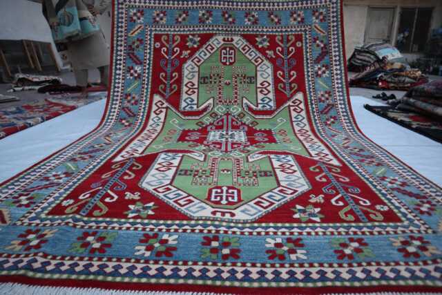 7x10 Ft New Green Kazak Hand Knotted Rug, Afghan Red Luxury Area Rug, Medallion Geometric Rug For Living Room - image 1