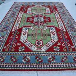 7x10 Ft New Green Kazak Hand Knotted Rug, Afghan Red Luxury Area Rug, Medallion Geometric Rug For Living Room - thumbnail 2
