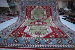 7x10 Ft New Green Kazak Hand Knotted Rug, Afghan Red Luxury Area Rug, Medallion Geometric Rug For Living Room