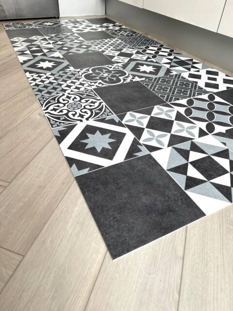 Black & White Kitchen Floor Mat - Waterproof Moroccan Tile Effect Runner - image 1