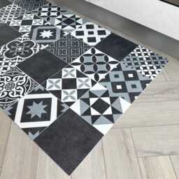 Black & White Kitchen Floor Mat - Waterproof Moroccan Tile Effect Runner - thumbnail 4