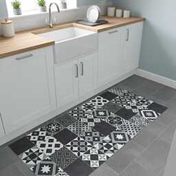 Black & White Kitchen Floor Mat - Waterproof Moroccan Tile Effect Runner - thumbnail 3