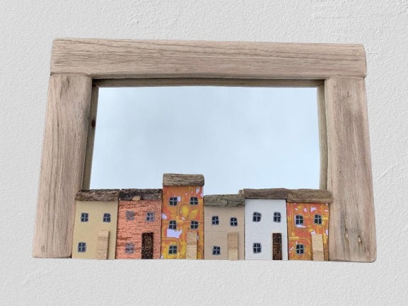 Handmade Driftwood Mirror With Handpainted Houses, Quirky Wall Decor