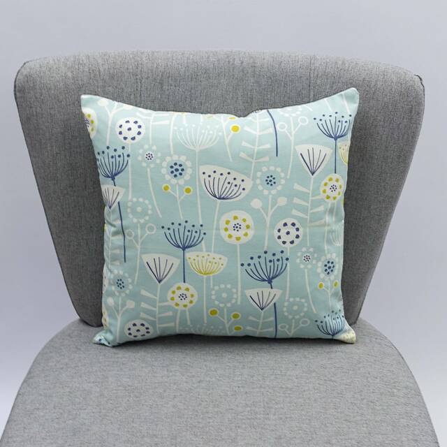 Geometric Scandi Floral Cushion. Duck Egg Blue & Ochre Yellow Abstract Flowers Leaves. Soft 100% Cotton, 17x17 - image 1