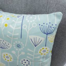 Geometric Scandi Floral Cushion. Duck Egg Blue & Ochre Yellow Abstract Flowers Leaves. Soft 100% Cotton, 17x17 - thumbnail 2