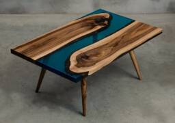 Custom Epoxy Resin Table Made Of Walnut Wood, Blue Uv Unique Small River Table, Live Edge With Wooden Legs To Modern Living Room - thumbnail 1