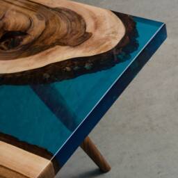 Custom Epoxy Resin Table Made Of Walnut Wood, Blue Uv Unique Small River Table, Live Edge With Wooden Legs To Modern Living Room - thumbnail 4