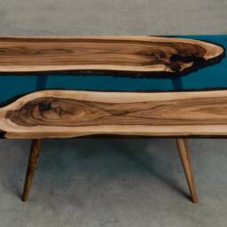 Custom Epoxy Resin Table Made Of Walnut Wood, Blue Uv Unique Small River Table, Live Edge With Wooden Legs To Modern Living Room - thumbnail 2